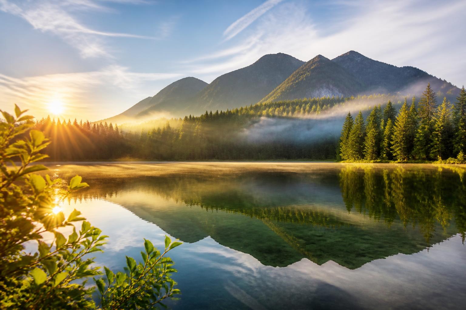 Sunrise over a mist-covered mountain lake surrounded by pine forest